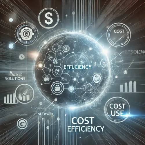 DALL·E 2024-10-16 12.48.49 - A futuristic image representing 'Cost Efficiency' in network solutions. The design highlights optimized resource use with elements like interconnected