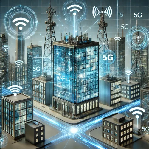 DALL·E 2024-10-19 12.51.11 - A futuristic image of advanced in-building connectivity solutions by 'Telcolabs'. The design should include smart buildings equipped with routers, Wi-
