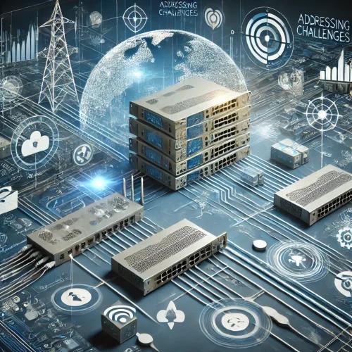 DALL·E 2024-10-19 17.17.59 - A modern image representing 'Addressing Challenges' in network and telecommunications. Show complex network systems facing issues like congestion, sig